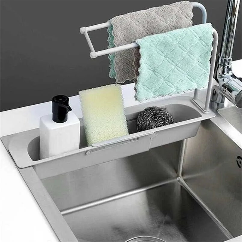Kitchen Sink Drain Rack Creative PP Gel age Tableware Sponge Soap Drying Telescopic Holder Storage Basket 211112
