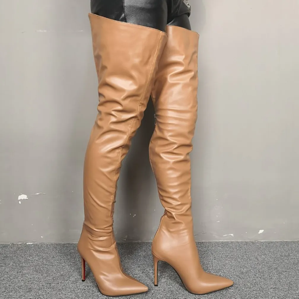 2022手作りの古典的なスタイルの女性のハイヒールの上の膝のブーツ本物の写真尖った太ももの高い戦利品イブニングクラブパーティープロムファッション冬ベージュシューズD722
