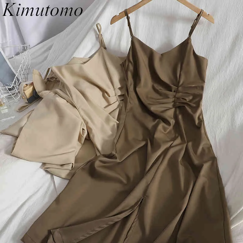 Kimutomo Mode Ride Split Robe Printemps Été Femme Slim Taille Spaghetti Strap Couleur Solide Élégant Robe 210521