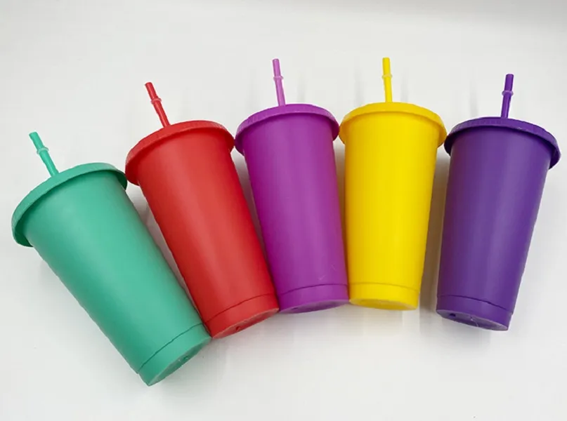 Party Cups Reusable 16oz Black White Plastic Cup with Colorful Lid Straw in Same Colors Disposable PP Solid Colored Water Mugs Single Wall Drinking Beverage Mug