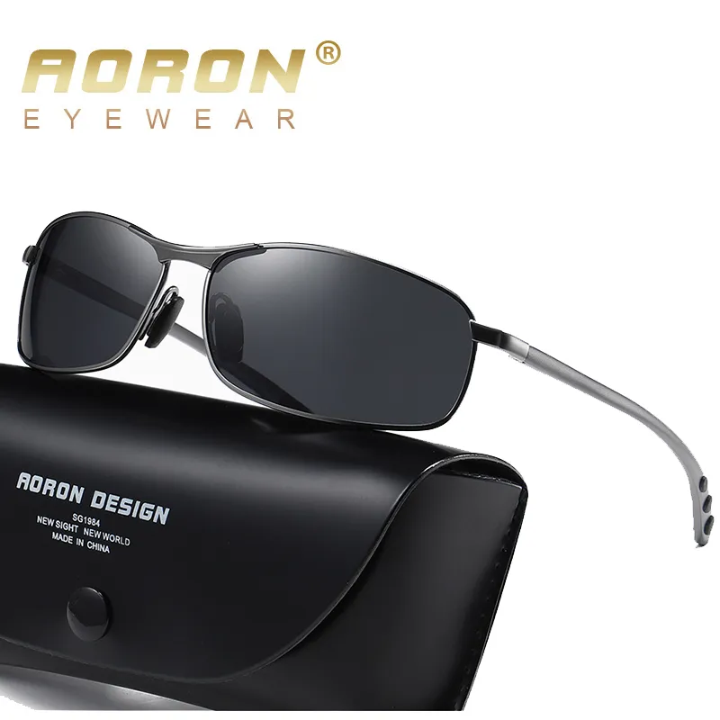 AORON Polarisierte Sonnenbrille für Herren, klassisch, rechteckig, Aluminiumbein, UV400, Sonnenbrille, Spiegelbrille