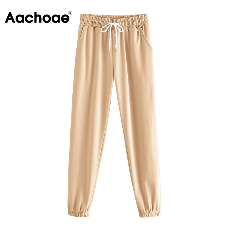 Aachoae femmes décontracté pantalons longs couleur unie cordon taille élastique pantalons de survêtement vêtements de sport dames crayon pantalon 210413