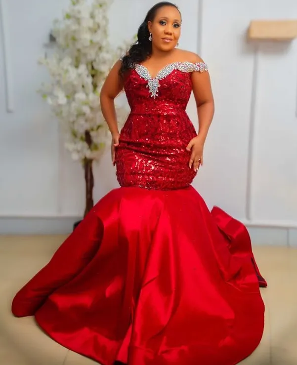 Red Lace Crystal Plus Size Aso Ebi Red Fishtail Prom Dress Sparkly ...