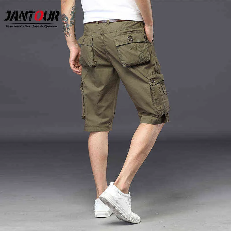 Jantour Homme Shorts Multi Poches D'été Lâche Fermeture Éclair Culottes Kaki Gris Pantalon Court Casual Coton Noir Long Hommes Cargo Shorts H1210