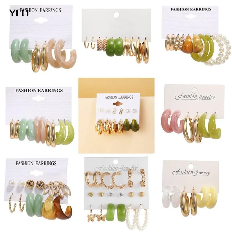 Hoop & Huggie YCD Fashion Colorful Acrylic Earrings Set For Women Gold Metal Pearl Jewelry Party Accessories