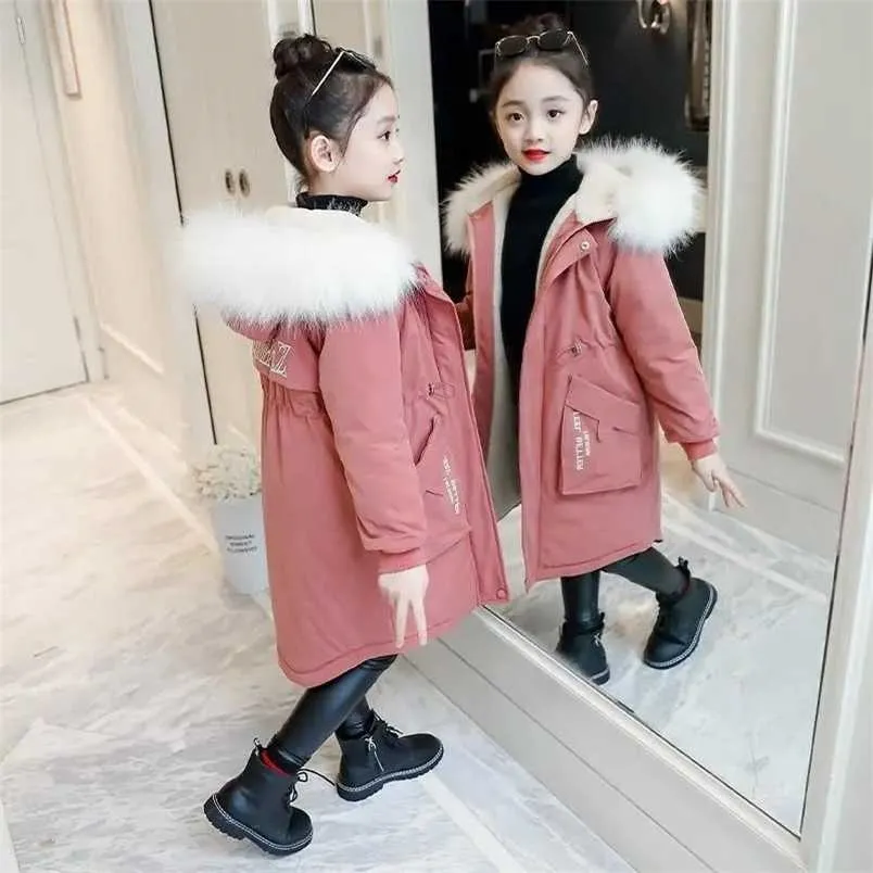 Дети зимняя куртка мода девушка одежда детская одежда Parka Faux шерсть пальто с капюшоном с капюшоном Snowsuit Teen густая бархатная верхняя одежда 211203