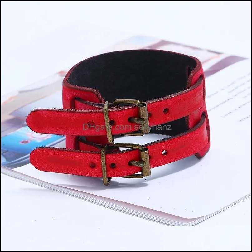 Punk retro leather bracelet wide leather double buckle bracelet for men and women punk cowhide bracelet