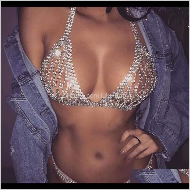 stylish women shiny crystal rhinestone mesh body bra bikini suit sexy charm women transparent panties body chest chain jewelry 9snp#