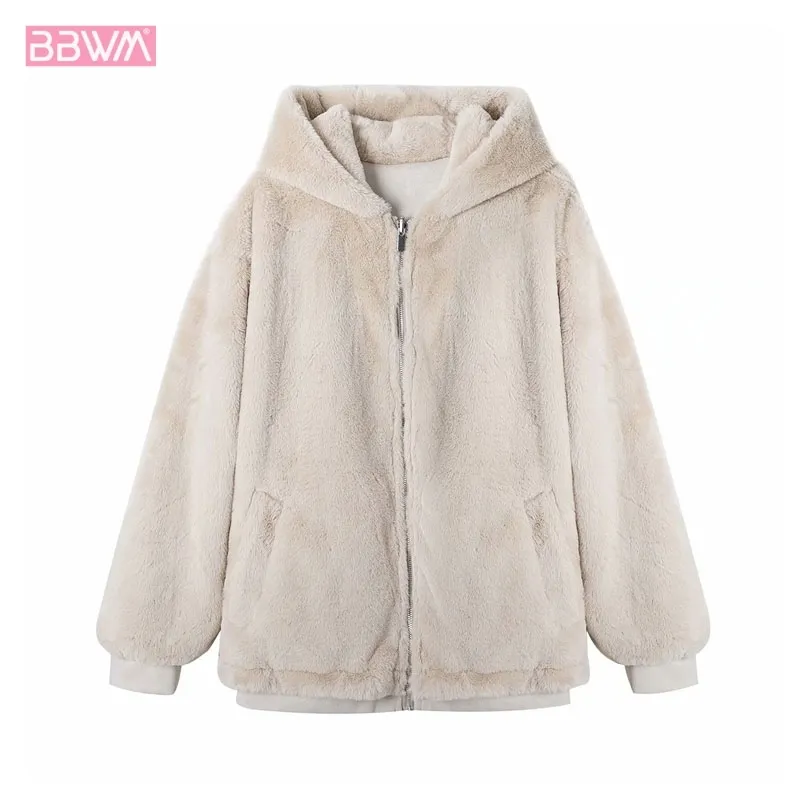 Moda Faux Fur Wiatroszczelne Ciepłe Z Kapturem Długie Rękawy Damska Kurtka Płaszcz Vintage Pluszowe Solidne Kolor Luźne Pilot Chic Topy Kobiet 210507