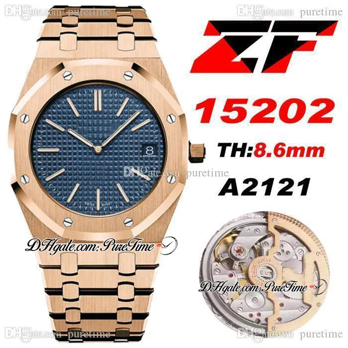ZF Jumbo Extra Thin A2121 Автоматические мужские часы 39 мм Розовое золото Синий Текстурированный циферблат Браслет из нержавеющей стали Часы Super Edition Puretime B2