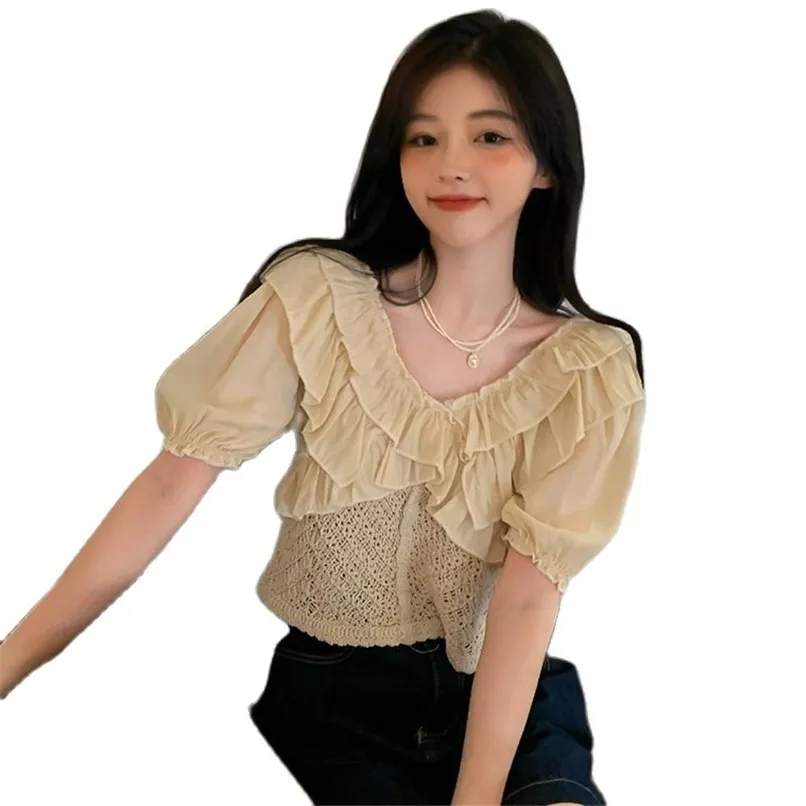 Potargany rękaw puffowy Top Krótkie dzianiny Koszula Kobiety Lato I Koreańska Moda Damska Odzież 210520