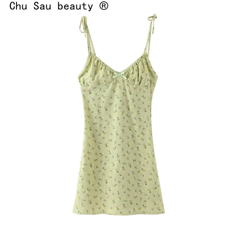beauty Casual Chic Floral Print Sling Mini Dress Women Holiday Bow V-neck Summer Sexy Backless Ladies es 210514