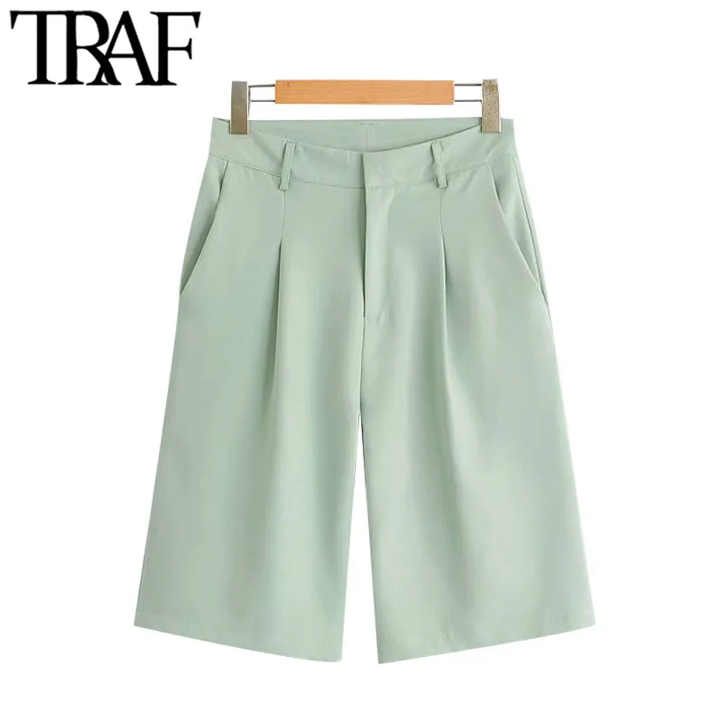 Traf Women Chic Fashion Office Wear Straight Pants Vintage High midjesidfickor Kvinnliga korta byxor Pantalones Mujer 210415