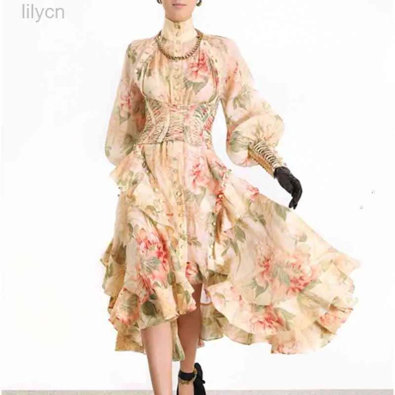 Moda Linia Vintage Kobiety Sukienki Stojak Kołnierz Długi Lampion Rękaw Pas High Waist Pas Ruffles Nieregularne Midi Kobieta