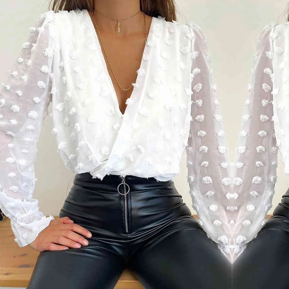 2021 New Fashion Women's Elegant Chiffon Blouses White Jacquard Tops Sexy Deep Corss V Neck Ladies Long Sleeve Slim Fit Shirts X0521