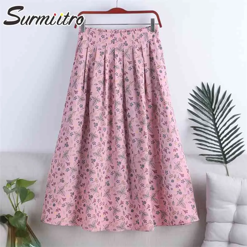 Coton Summer Midi Jupes Femmes Style Coréen Rose Floral Print Esthétique Taille Haute Longue Jupe Plissée Femme 210421