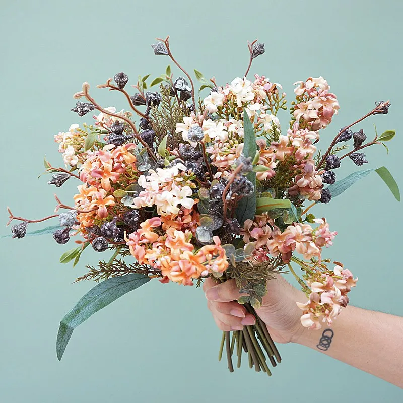 빈티지 꽃다발 인공 유칼립투스 과일 가짜 꽃 무리 결혼식 손 꽃다발 홈 장식 사진 소품