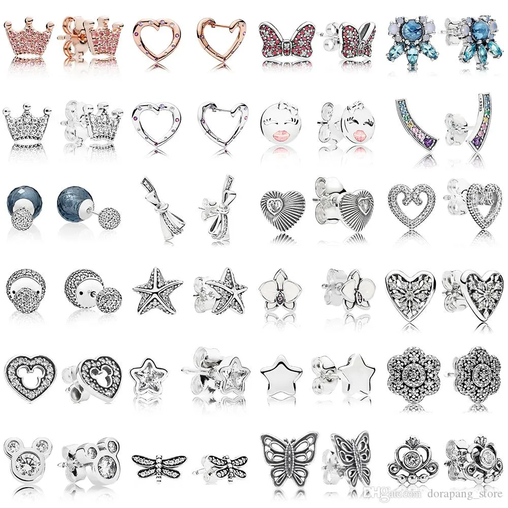 NOUVEAU 100% 925 Sterling Silver Pandora Boucles D'oreilles Couronne Étoile Amour Coeur Oreille Goujons Charme Perles Fit Original DIY Dangler En Gros usine