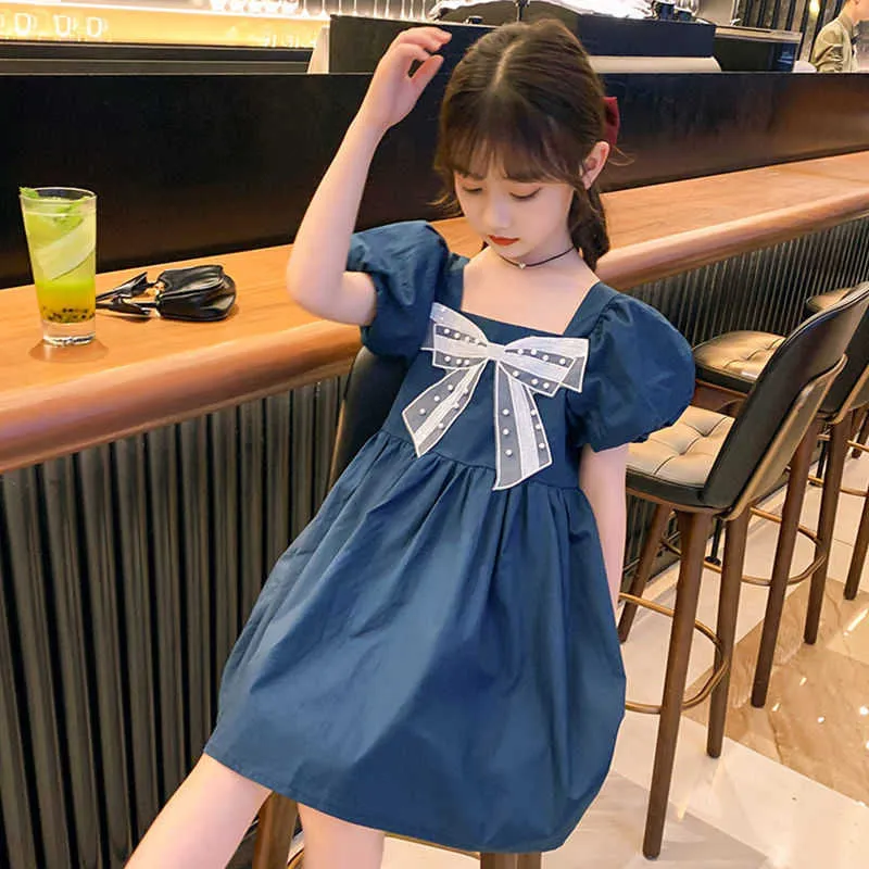 夏の女の子のドレススクール制服韓国の弓半袖スウィートプリンセスドレス巨乳服