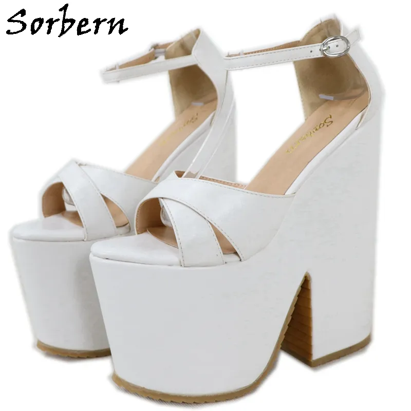 Sorbern White Cross Wide Strap Sandaler Block High Heel Spännen Tjock Platform Chunky Heeled Summer Style