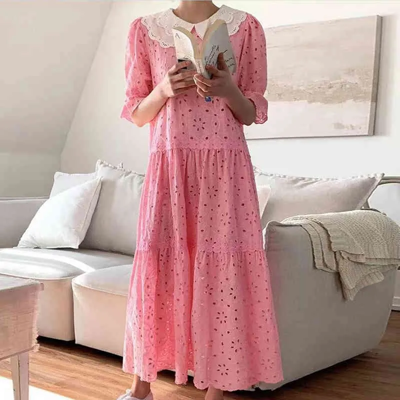 Women Yellow Hollow Out Dress Lace Peter Pan Collar Short Puff Sleeve Loose Fashion Spring Summer 16F0681 210510