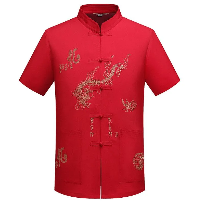 Camicie casual da uomo Abbigliamento tradizionale cinese Tang Top Collo alla coreana Wing Chun Indumento Manica corta Ricamo Dragon Shirt M-X