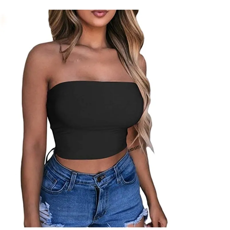 Femmes Tube Tops Sans Manches Dos Nu Sexy Nombril Exposé Sans Bretelles Solide Couleur Street Style Mode Slim Fit 210522