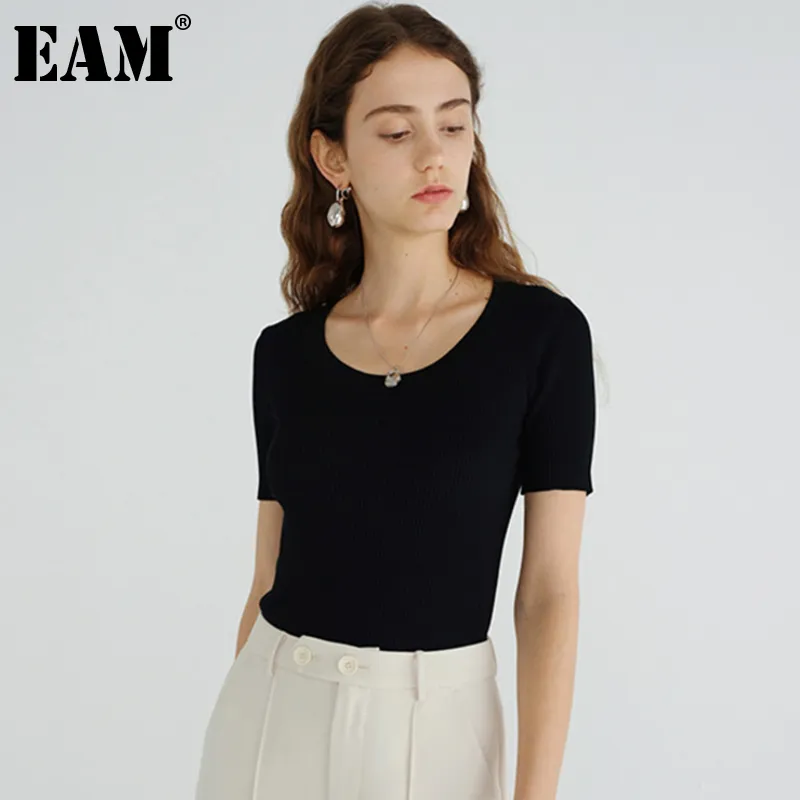 [EAM] Kobiety Czarny Zielony Knitting Solid Color Casual T-shirt Okrągły Neck Krótki Rękaw Moda Wiosna Lato 1DD6869 210512