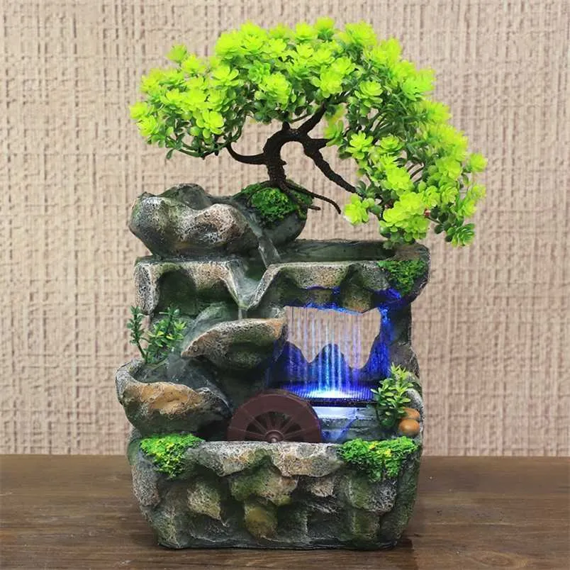Creative Feng Shui fontaine d'eau qui coule bureau résine rocaille paysage cascade artisanat avec changement de LED 7 couleurs 211105