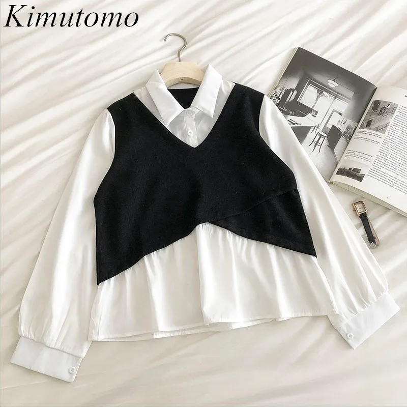 Kimutomo Women Fake Two Piece Patchwork Blouses Chic Rregular Ladies Turn-down Collar Solid Korea Fashion Tops Spring 210521
