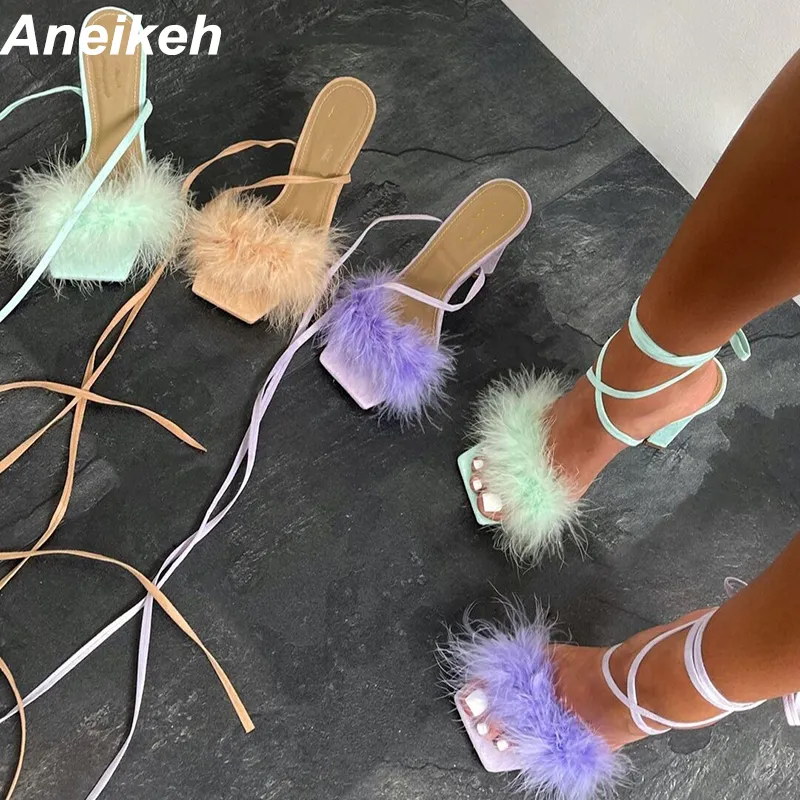 Aneikeh NEW Summer Rome Fashion Furry Cross-Tied Women Pumps 2022 Sexy 11CM Thin High Heel Lace-up Dress Party Ladies Sandals 0227
