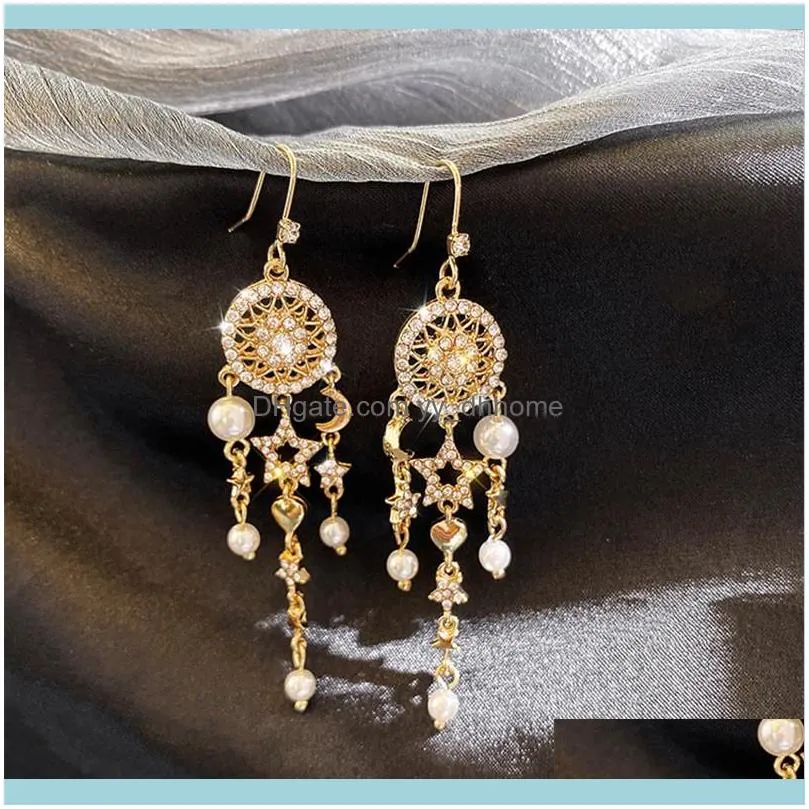 Dangle & Chandelier Korea Trendy Imitation Pearls Long Tassel Earrings For Women Dreamcatcher Stars Crystal Statement Party Jewelry