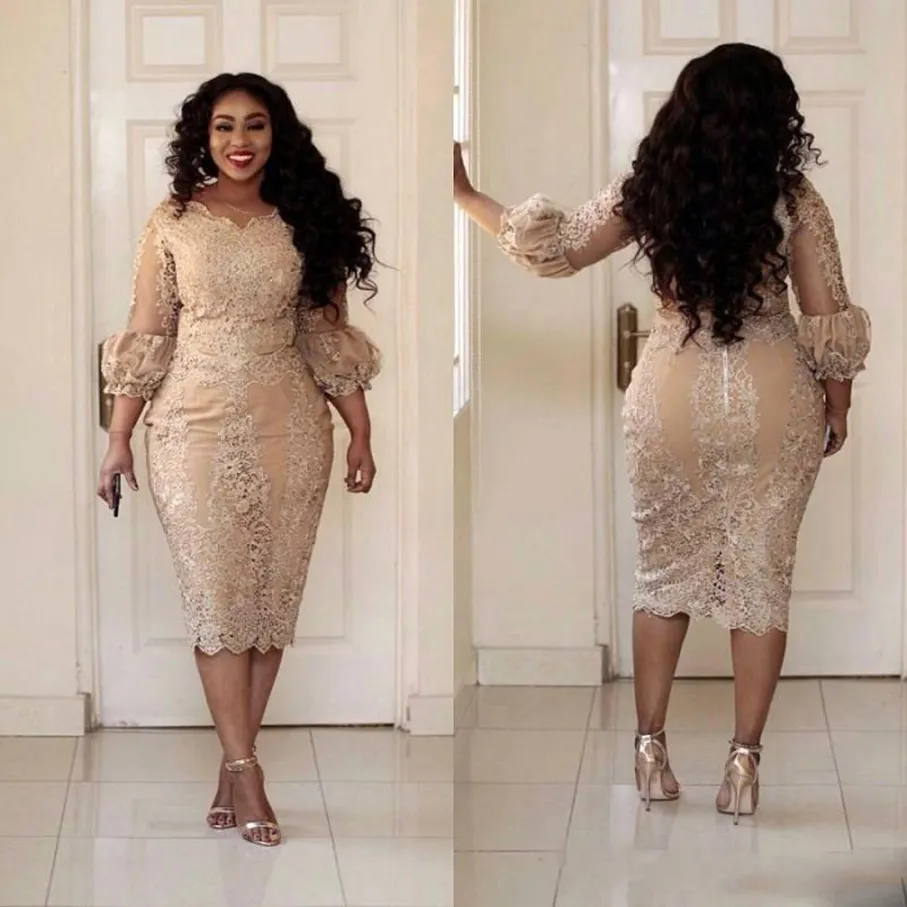 Vestidos elegantes cortos de encaje de talla grande para madre de la novia manga larga abullonada longitud del t vestidos de fiesta formales para