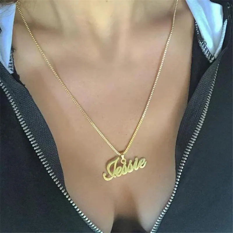 Pendant Necklaces Gold Box Chain Custom Jewelry Personalized Name Necklace Handmade Cursive Nameplate Choker Women Men Bijoux BFF 1890