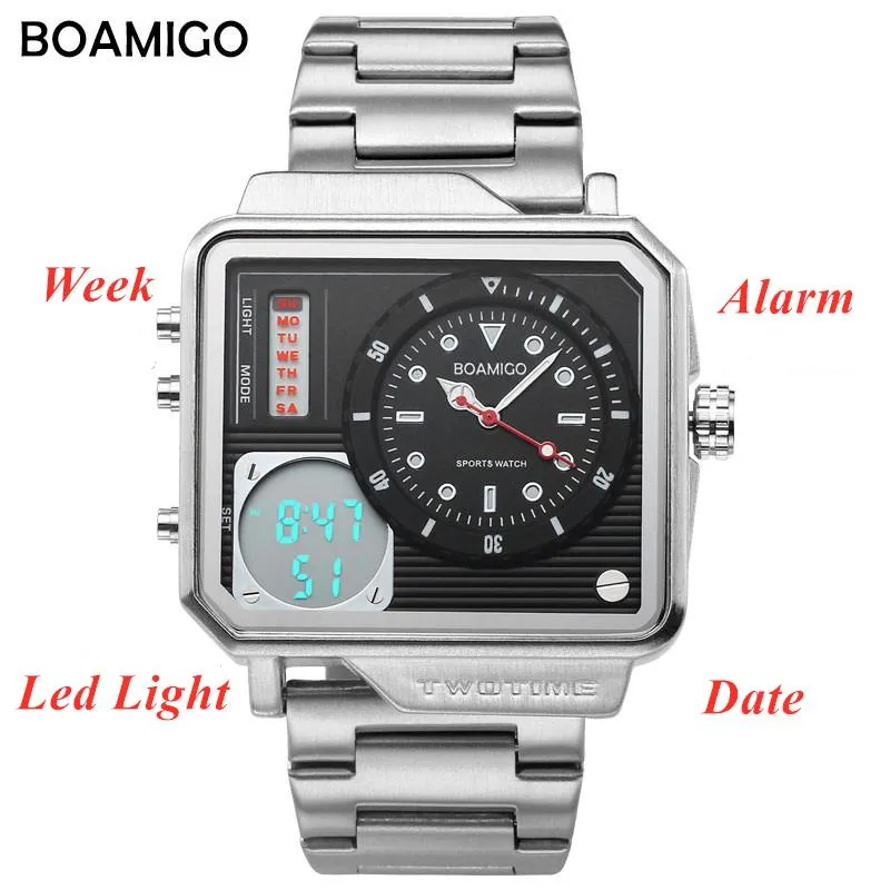 Wristwatches Brand BOAMIGO Led Digital Watch Men Auto Date Fashion Square Quartz Waterproof Stainless Steel Men's Watches