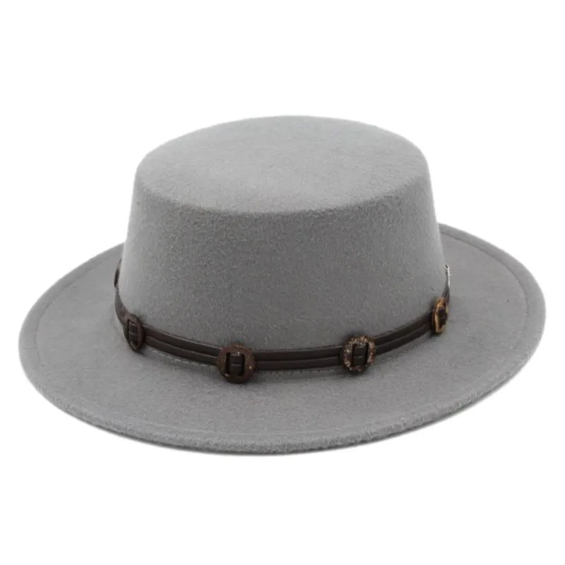 Mistdawn Women Men Boater Hat Sailor Wide Brim Flat Top Caps Blend Wool Size 56-58cm Hatband Bcss Hats