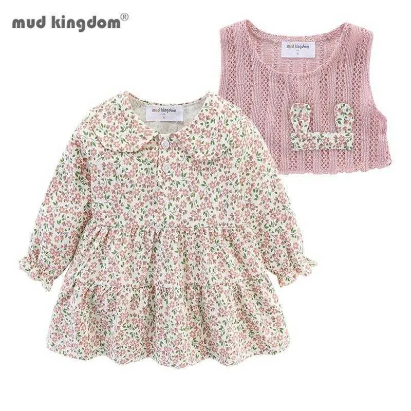 Mudkingdom Bunny Ear Baby Girl Dress Outfit Floral 2Pcs Flower and Knit Vest Set s Quarter Button 210615