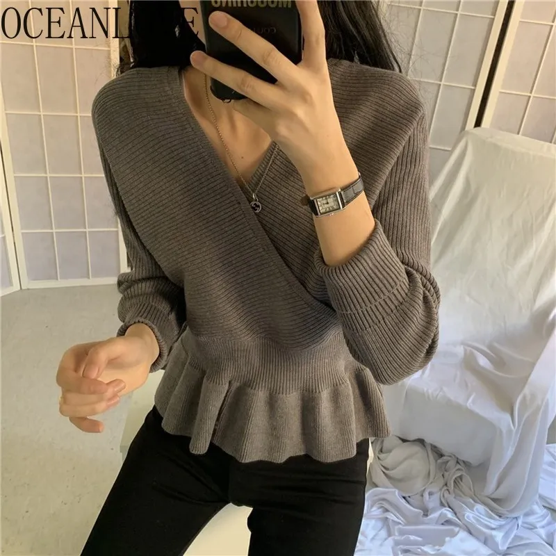 V Cou Mode Mujer Sueteres Solide Vintage Coréen Chic Pull Femme Automne Volants Élégant Hiver Femme Chandails 19313 210415