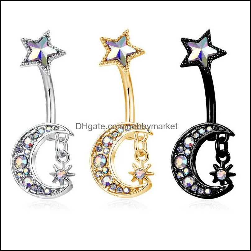 Luxury Designer Brand Navel & Bell Button Rings Gold Moon Star Belly Ring Ab Rhinestone Design Body Piercing Jewelry