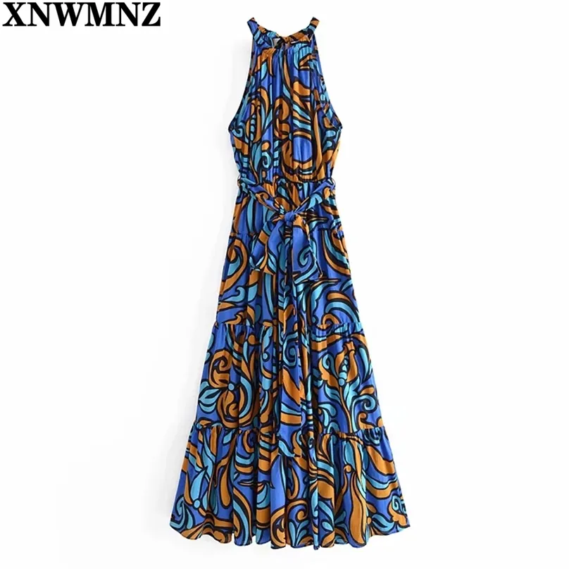 Mode Kvinnor Robe Leaf Print Tank Dress Ladies Ankomst Ärmlös Midi Sundress med Slash Summer Women's Dress 210520