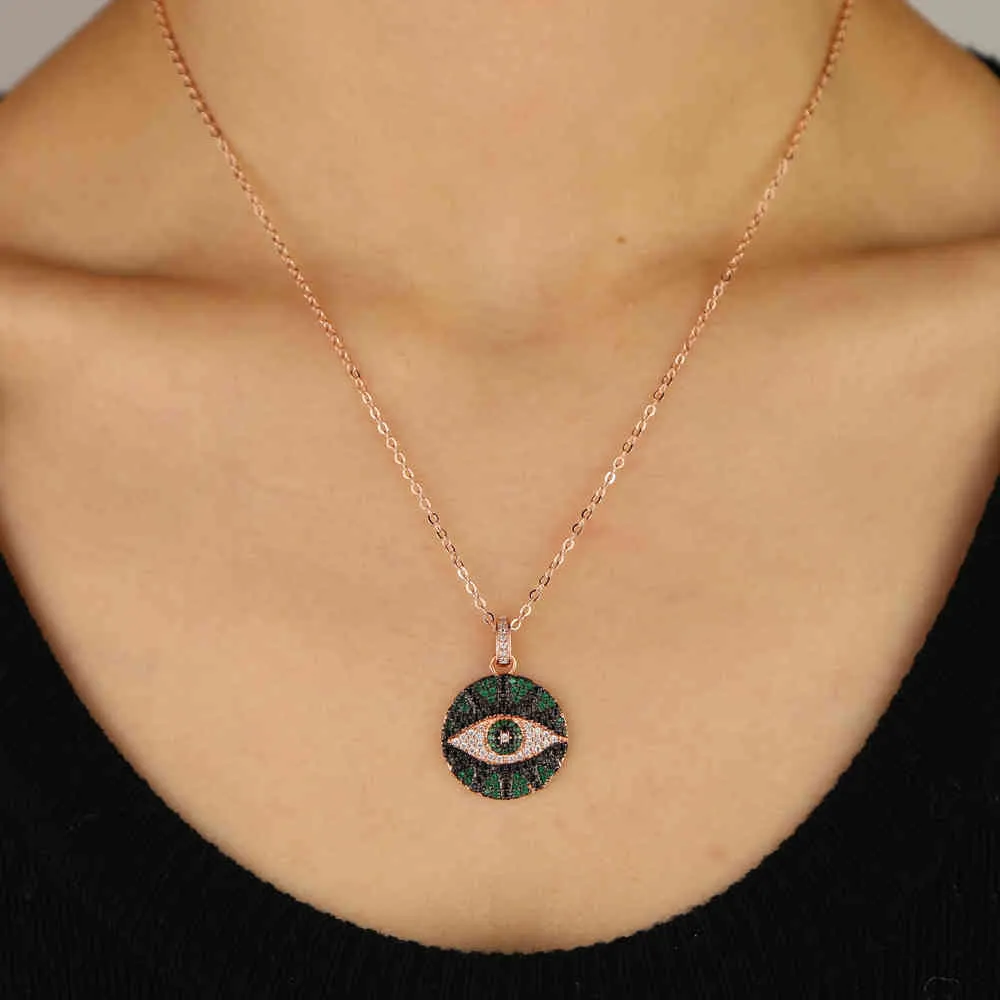 Round black green white cubic zirconia turkish evil eye pendant Bohemia rose gold color necklace for women lady lucky jewelry