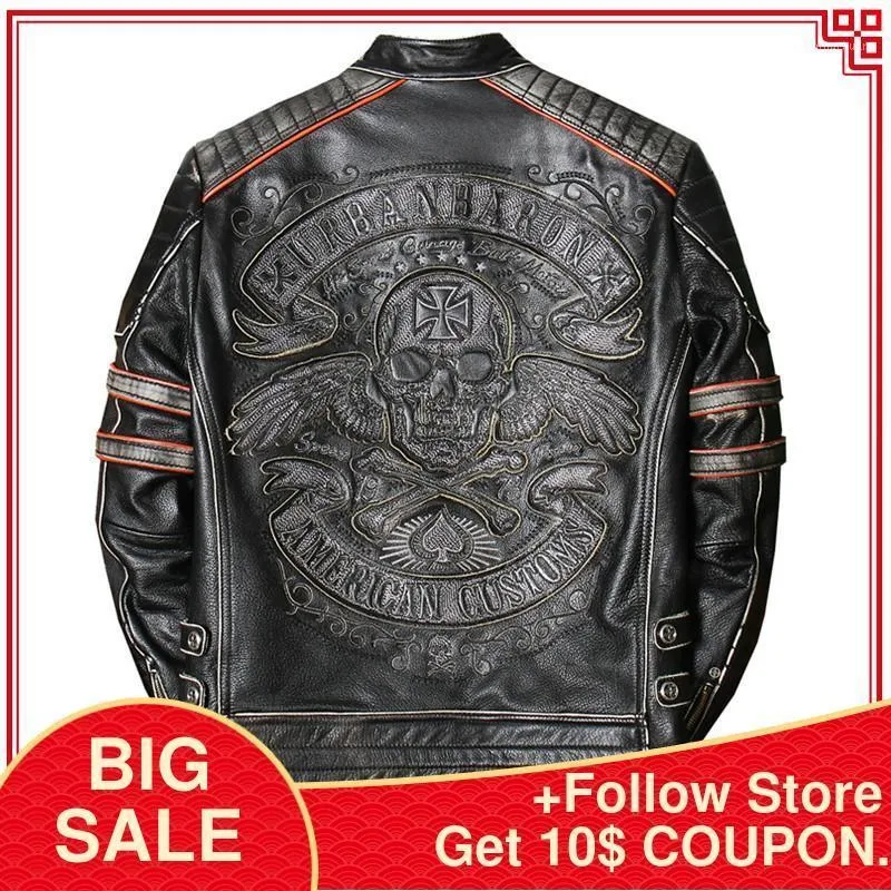 Men's Leather & Faux 2021 Vintage Black Skulls Embroidery Biker's Jacket Men Plus Size XXXXL Genuine Cowhide Spring Slim Fit Motorcycle Coat