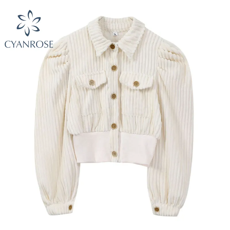 Corduroy gestreepte abrikozen Crop Shirt en blouses jas revers single breasted vest vintage blusas mode Koreaanse getijden tops 210417