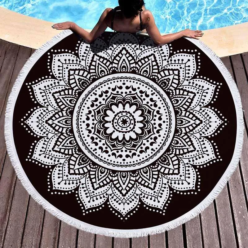 Round Beach Towel Mandala Microfiber Geometry Terry Thick With Tassels Round Beach Blanket Picnic Throw Yoga Mat Ultra Soft 59 Inch