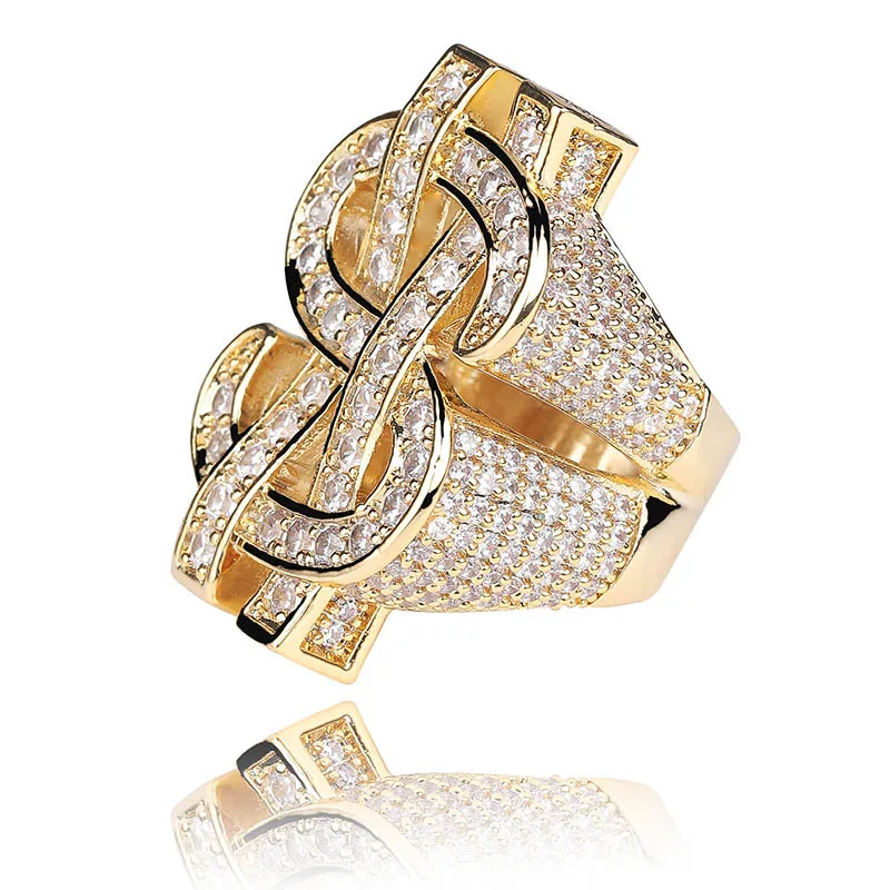 Mens Hip Hop Ring Jewelry Dollar Sign Gemstone Zircon Fashion Big Gold Rings