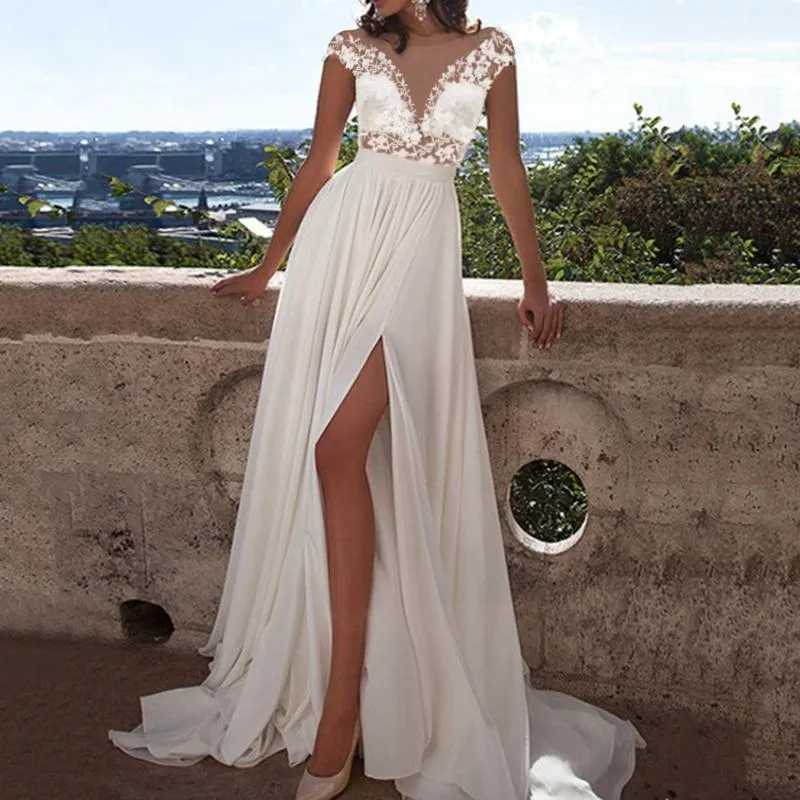 Vestidos Casuais 2021 Mulheres Casamento Longo Dress Lace V-Decote Noite Festa Nupcial Vestido Beach Branco Elegante Princesa # 40