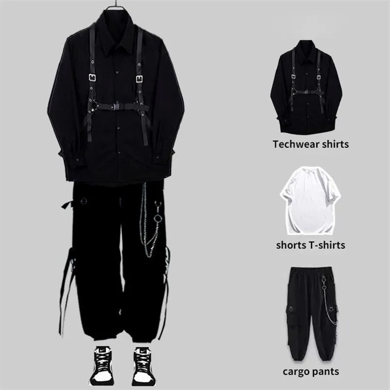 Houzhou Techwear Męskie Zestawy Czarne Spodnie Cargo Koszulki męskie Koszulki z długim rękawem Koszulki Koreańska Streetwear Hip Harajuku Spring 211222