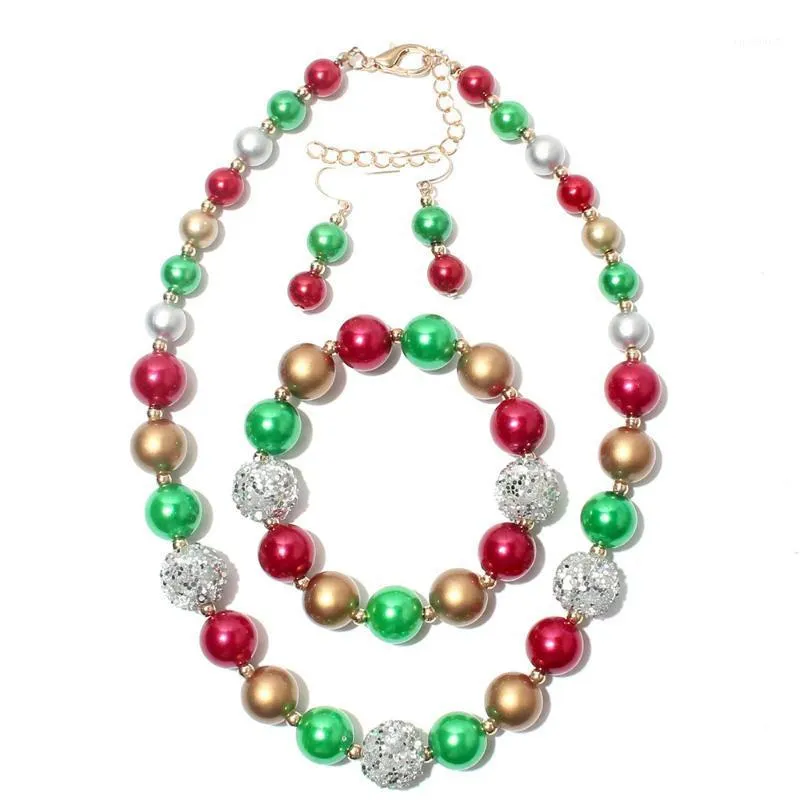 Ohrringe Halskette Weihnachten Armband Kind Mädchen Imitation Perle Rot Grün Schmuck Set Party Jahr Geschenk