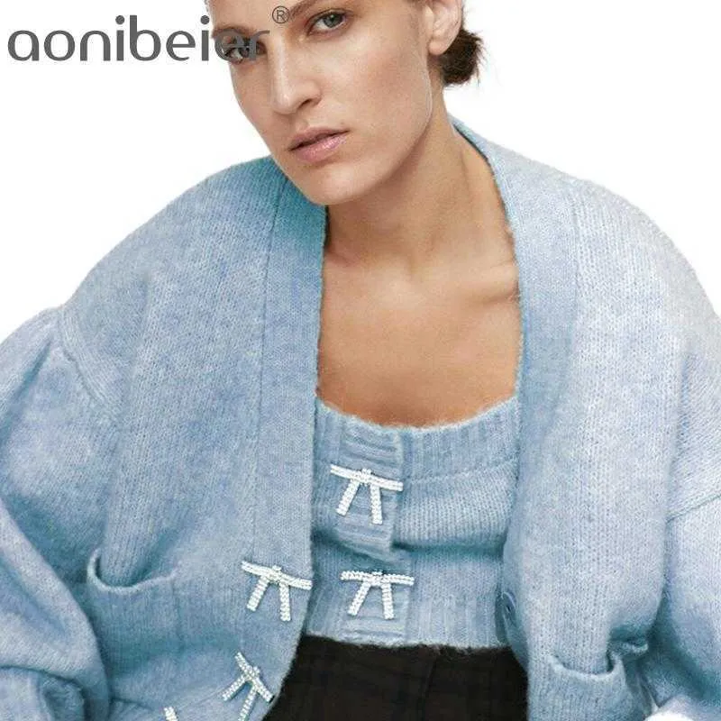 Kvinnors Kläder Mode Faux Gemstone Bow Button Sweater V-Neck Lantern Puff Sleeve Knit Cardigan Jacket Outwear 210604