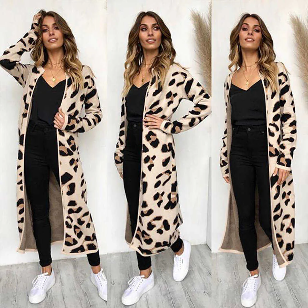 Dames Leopard Gebreide Lange Vest Lange Mouw Trui Overjas Voor Vrouwelijke Vrouwen Herfst Uitloper Jassen Dames Herfst 210527